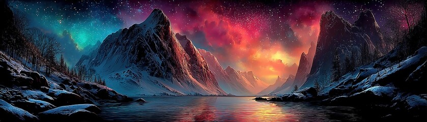 Vibrant cosmic landscape with mountains and a starry sky reflection on water.