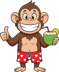 Cartoon monkey character, tropical drink, red heart shorts, smiling animal, coconut beverage, thumbs up pose, summer fun, jungle theme, vector illustration