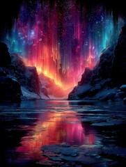 Vibrant landscape with colorful sky reflecting on water surface.