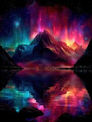 Vibrant mountains under a colorful night sky reflecting on water.