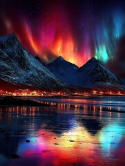 Vibrant auroras illuminate a serene mountain landscape at night.