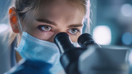 Focused female quality control inspector examining manufactured part under microscope in pristine lab environment for quality assurance