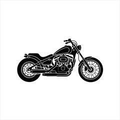 Fototapeta premium A black silhouette of a classic chopper style motorcycle viewed from the side, isolated on a white background.