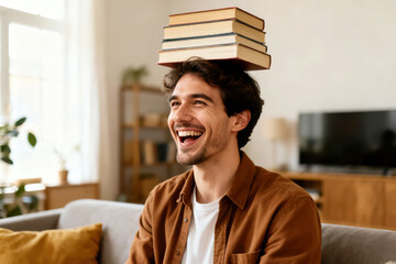 Laughing young man sitting on sofa with stack of books balanced on his head in cozy home living room