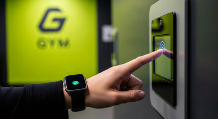 Woman hand touching screen and using smartwatch for contactless payment. Digital access control with new technology system.