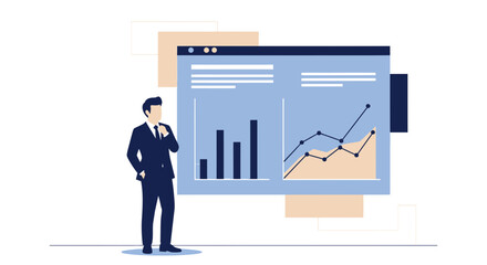Successful Businessman Analyzing Digital Charts Displaying Financial Data and Growth