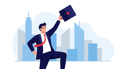 Successful Businessman Celebrating Career Achievement with City Skyline Vector Background