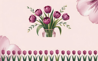 Elegant Arrangement of Purple Tulips in a Vase with Floral Accents on a Light Pink Background, Creating a Cheerful Ambiance