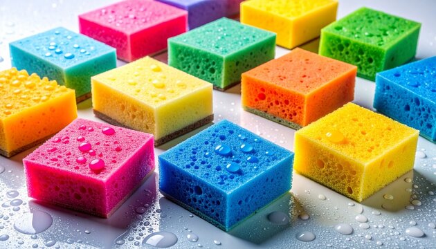 Grid of colorful dual-layer sponges on wet surface with visible water droplets