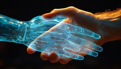 A realistic human hand is shown shaking a vibrant blue digital hand, both hands detailed and lifelike against a black background.