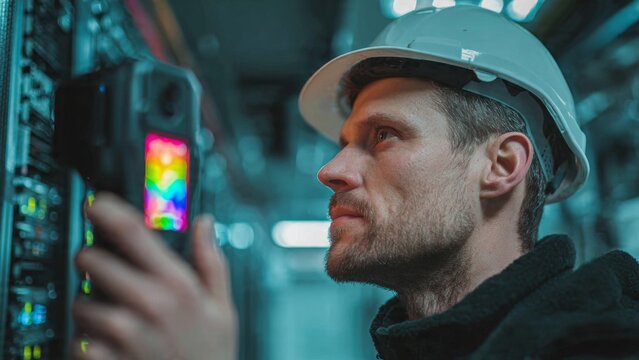 Technician scanning equipment with thermal imaging camera in server room technical inspection industrial environment focused viewpoint technology assessment