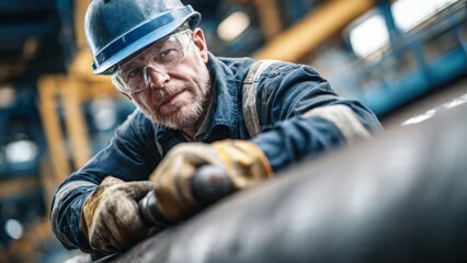 Determined worker tightening bolt with torque wrench on large pipe in industrial setting - action-packed image for manufacturing and engineering