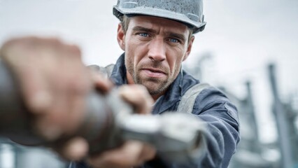 Male worker using torque wrench to tighten bolt on large pipe in industrial setting with determined expression