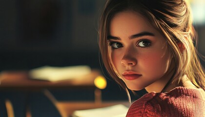 The illustration shows a close-up of a girl with light brown hair styled in a half-updo, brown eyes, and freckles, wearing a red sweater against a dark background.