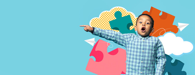 A child in a checked shirt is joyfully pointing to the side, showcasing enthusiasm. Vibrant puzzle...