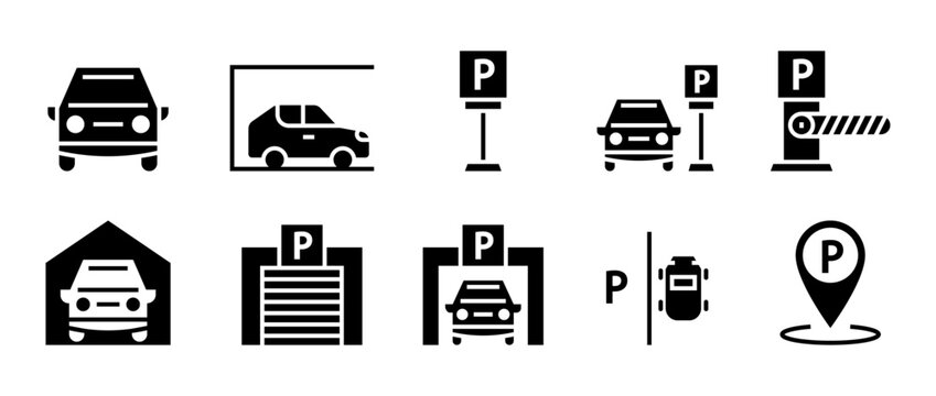 Conjunto de iconos de estacionamiento del veh&iacute;culo. Parqueo, ubicaci&oacute;n, zona, garaje y se&ntilde;al de estacionamiento. Ilustraci&oacute;n vectorial