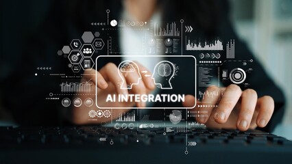 Business Professional Engaging with AI Integration Concepts and Digital Analytics on Keyboard in Modern Office Environment. Asymptotic smart data analytic.