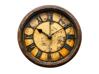 Antique distressed clock face with roman numerals isolated on transparent background