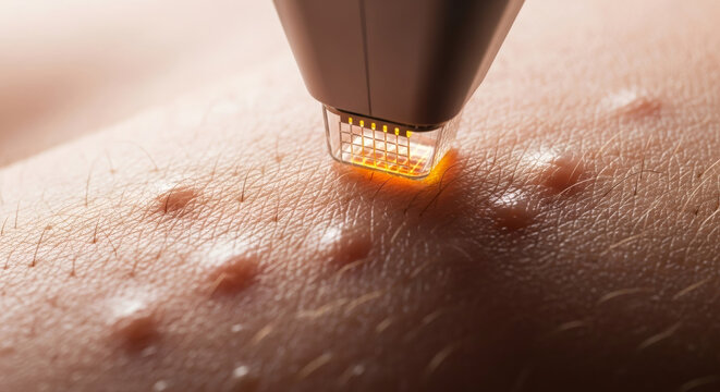 Man's arm skin with hives and a laser device removing hair. Laser therapy for pruritus or acne treatment concept.