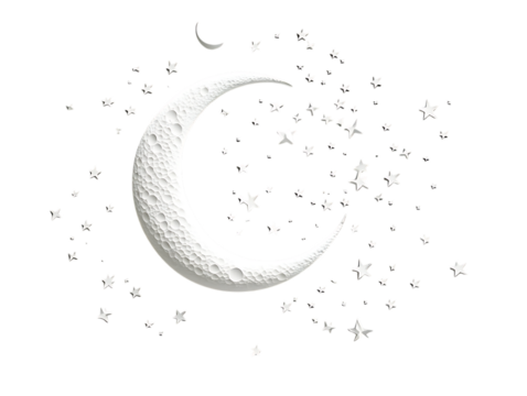 Crescent moon surrounded by twinkling stars isolated on transparent background