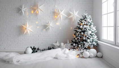 a room with a white brick wall and a window, with Christmas decor