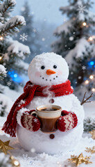 Obraz premium Festive snowman holding a steaming cup of hot chocolate, wearing a red scarf and mittens, surrounded by snowy trees and holiday decorations