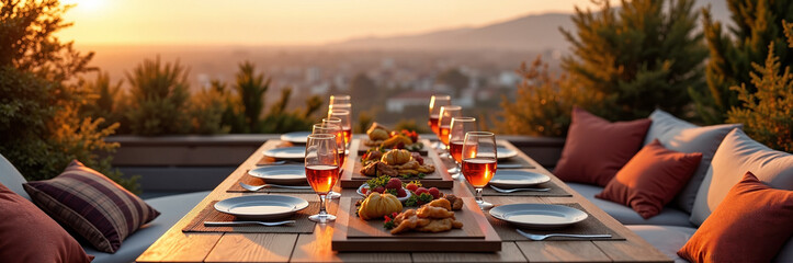 Naklejka premium Outdoor dining setup on a wooden table, offering picturesque views and delicious food. Outdoor dining event includes a variety of gourmet appetizers and pink drinks,