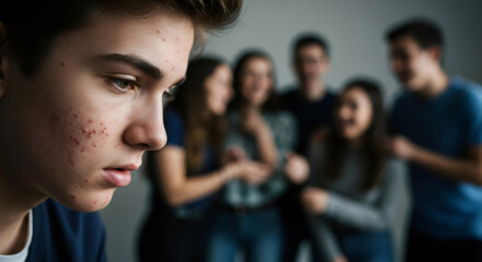 Young man with acne on face, feeling insecure with peers in background. Teenager skin problem, dermatology, teenage pimple and anxiety concept.