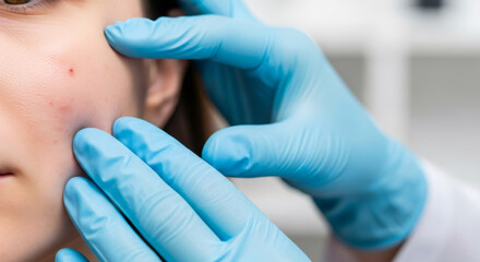 Woman patient with skin problem consults a doctor. Dermatologist examines acne on face. Dermatology, medical treatment and cosmetology concept.