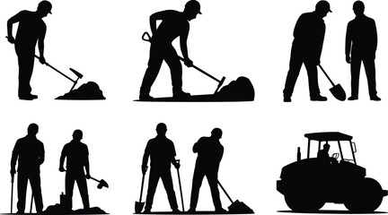 Obraz premium Silhouette construction workers digging with shovels, road work labor, excavation teamwork on site, heavy equipment machine, construction industry silhouettes, teamwork repair illustration