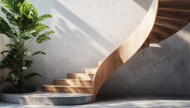 A contemporary curved wooden staircase is showcased, featuring a plant in a circular planter near a textured wall, illuminated by sunlight. - Powered by Adobe