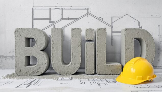 Constructing the future building foundations construction site visual content architectural environment close-up view concrete letters spelling build with hard hat and blueprint background - Powered by Adobe
