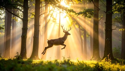 Deer Leaping Through Sunlit Forest with Golden Light