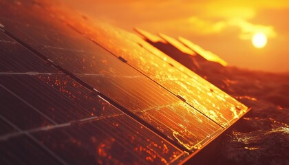 The image shows multiple solar panels angled toward the setting sun, which casts a warm orange glow across the panels and the surrounding landscape.