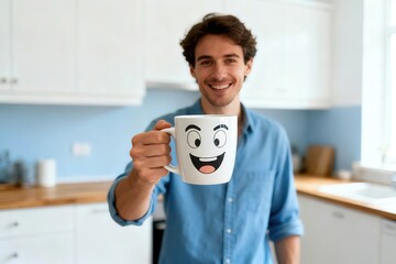 Smiling young man holding funny cartoon face mug in bright modern kitchen during cheerful morning coffee moment