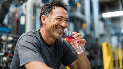 Worker enjoying a refreshing break industrial facility photograph dynamic work environment side view smiling man hydrating during short break