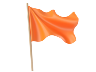 Waving orange flag on a wooden pole isolated on transparent background