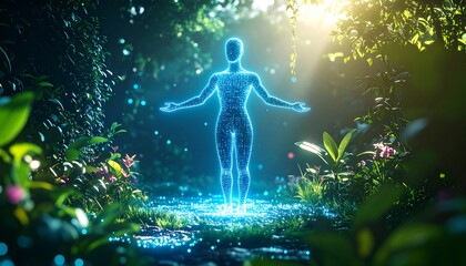 Digital Figure with Arms Outspread in a Lush Green Forest Setting