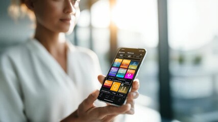 Confident woman holding a smartphone displaying a vibrant finance management app, standing in a sunlit office. Mobile banking, fintech, and digital solutions for business productivity are highlighted - Powered by Adobe