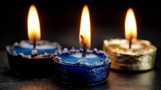 Lit tealight candles glow, showcasing vibrant blue and gold metallic rims