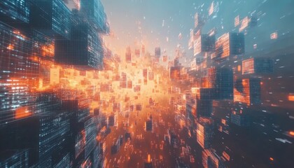 The illustration shows a perspective view of numerous translucent cubes, glowing with orange and blue light, creating a futuristic city-like effect.