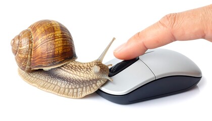 A snail slowly moves across a computer mouse, highlighting slow internet speed or sluggish computer performance.