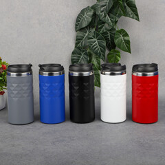 Set of Five Reusable Travel Mugs in Gray Blue Black White and Red with Geometric Diamond Pattern