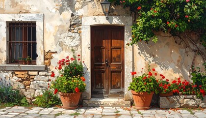 A sun-drenched exterior of a weathered stone building, adorned with vibrant red geraniums in terracotta pots, showcasing a classic wooden door and a charming courtyard setting.