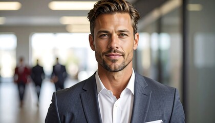 Fototapeta premium A confident man in a suit gazes directly at the camera, conveying professionalism and authority within a modern office environment.