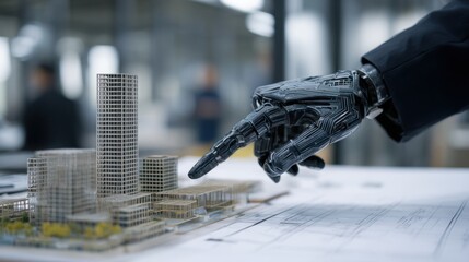A mechanical hand pointing at a building model on the table