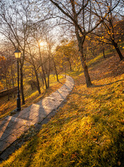 Autumn Park Pathway at Sunset in Budapest, Hungary