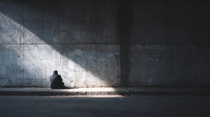 A solitary figure sitting in the shadows of a concrete wall, bathed in a ray of light, evoking a sense of loneliness and contemplation