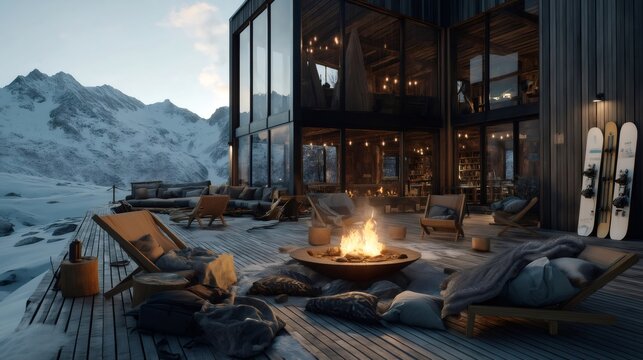Cozy outdoor fire pit at ski lodge resort. snowboard day - Powered by Adobe