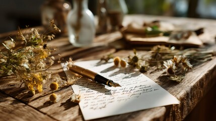Fountain pen resting on handwritten letter with dried flowers. Thank You Note Day